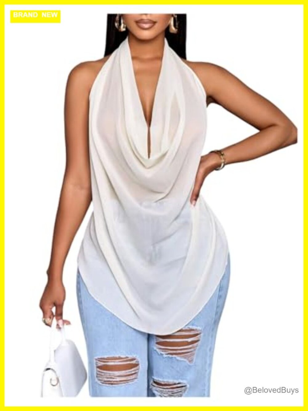 Cowl Neck Halter Top Backless See Through Draped Women's Sleeveless